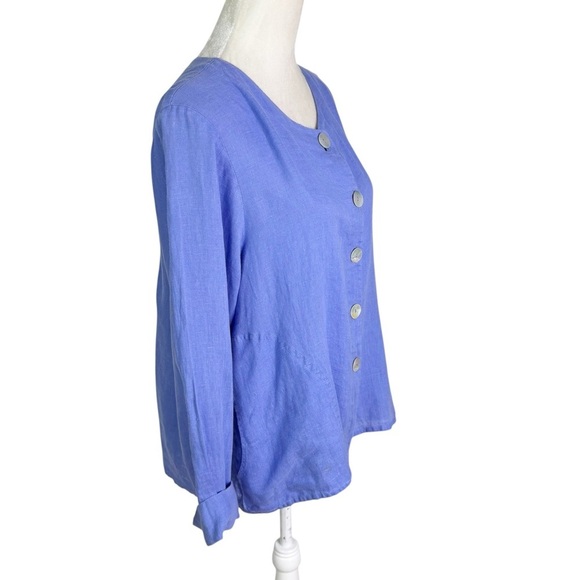 Flax Linen Button Front Jacket Top Periwinkle Blue Size M Relaxed Fit - Picture 3 of 10
